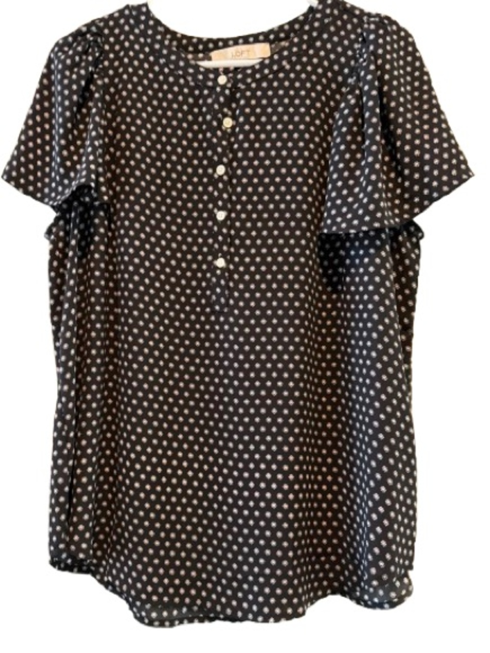 LOFT Black Blouse with White Polka Dots and Button Front L